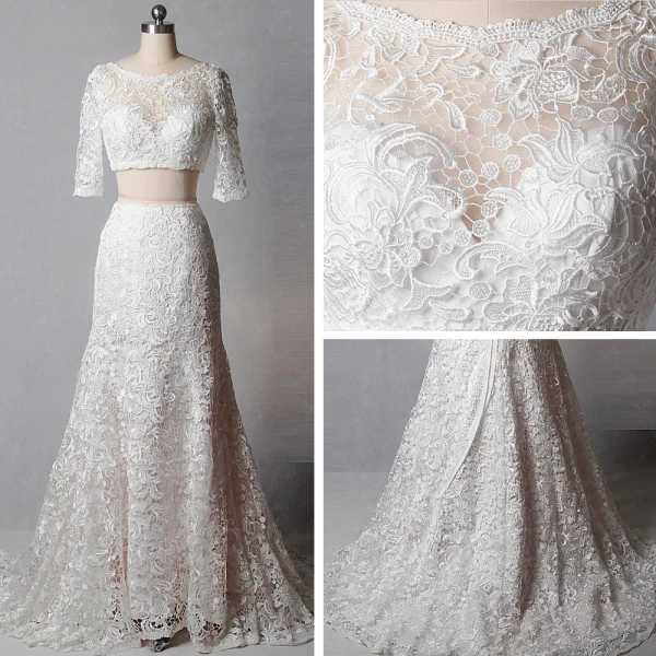 2 Piece Classic Elegant Ivory Court Train Wedding 2018 Trumpet / Mermaid U-Neck Lace-up Appliques Backless Embroidered Wedding Dresses