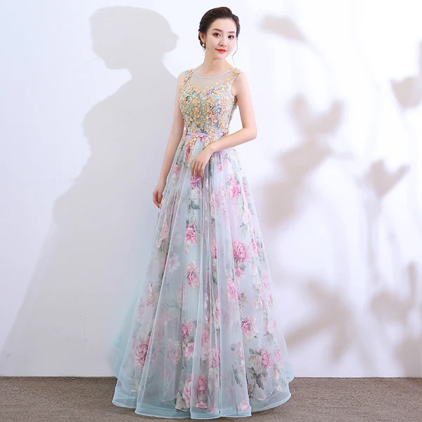 Chic / Beautiful Multi-Colors Floor-Length / Long Evening Dresses  2018 A-Line / Princess U-Neck Tulle Appliques Backless Beading Printing Evening Party Formal Dresses