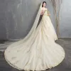 Luxury / Gorgeous Champagne Cathedral Train Wedding 2018 A-Line / Princess Tulle Beading Sequins Appliques Wedding Dresses