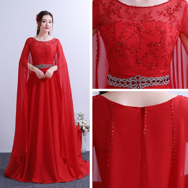 Chic / Beautiful Red Chapel Train Evening Dresses 2018 A-Line / Princess With Cloak U-Neck Chiffon Beading Crystal Rhinestone Evening Party Formal Dresses