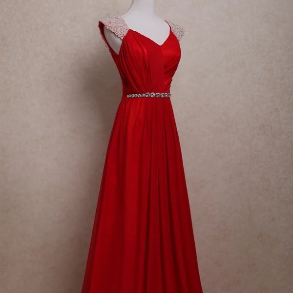 Chic / Beautiful 2017 Red Evening Dresses  V-Neck Striped Backless Pearl A-Line / Princess Formal Dresses