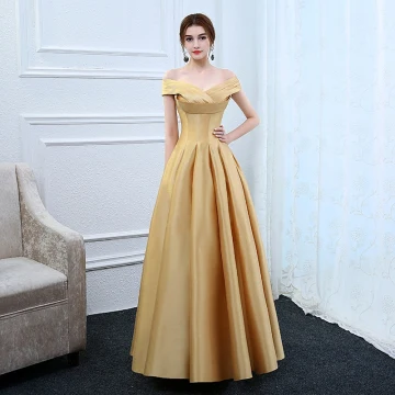 Chic Belle Doré Robe De Soirée 2017 Princesse De L Épaule Charmeuse Rayé Volants Soirée Robe De Ceremonie