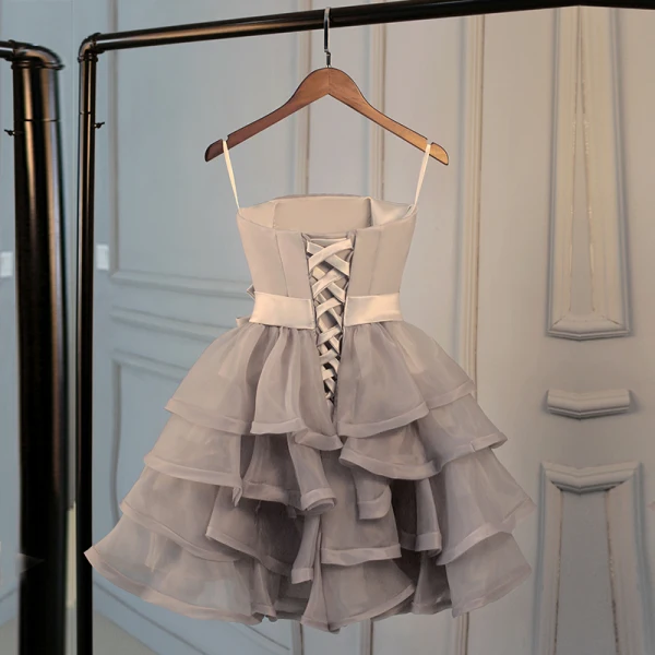 Chic / Beautiful Grey Graduation Dresses 2017 A-Line / Princess Spaghetti Straps Tulle Flower Backless Homecoming Formal Dresses