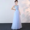 Chic / Beautiful Sky Blue Evening Dresses  2017 A-Line / Princess V-Neck Organza Appliques Backless Beading Evening Party Formal Dresses