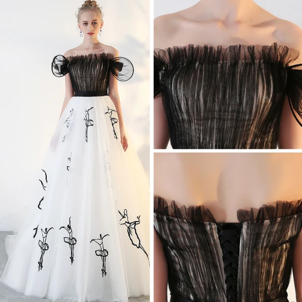 Modern / Fashion Black Prom Dresses 2018 A-Line / Princess Tulle Strapless Prom Backless Embroidered Formal Dresses