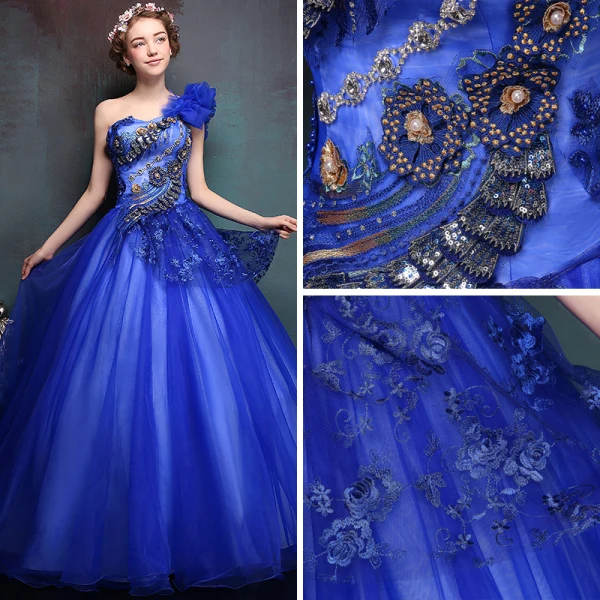 Affordable Royal Blue Prom Dresses 2017 Tulle One-Shoulder Ball Gown Appliques Backless Beading Prom Formal Dresses