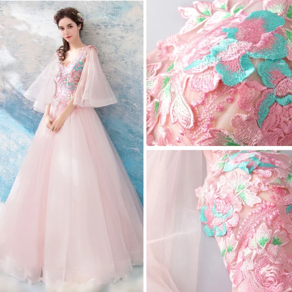 Chic / Beautiful Pearl Pink Prom Dresses 2018 A-Line / Princess Floor-Length / Long V-Neck Tulle Appliques Backless Beading Prom Formal Dresses