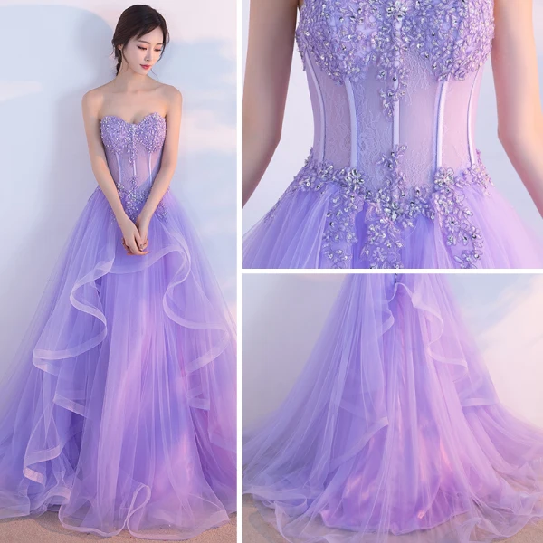 Chic / Belle 2017 Violet Princesse Dentelle Bustier Fait main Appliques Dos Nu Robe De Ceremonie Robe De Soirée