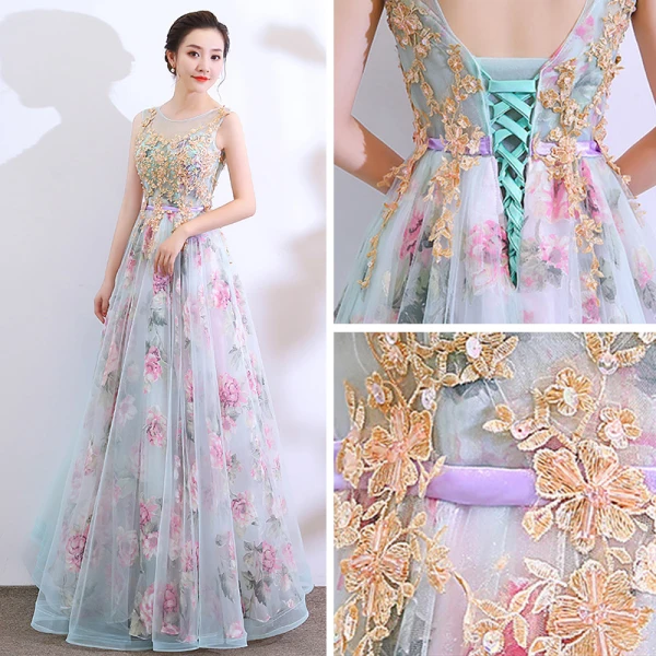 Chic / Beautiful Multi-Colors Floor-Length / Long Evening Dresses  2018 A-Line / Princess U-Neck Tulle Appliques Backless Beading Printing Evening Party Formal Dresses