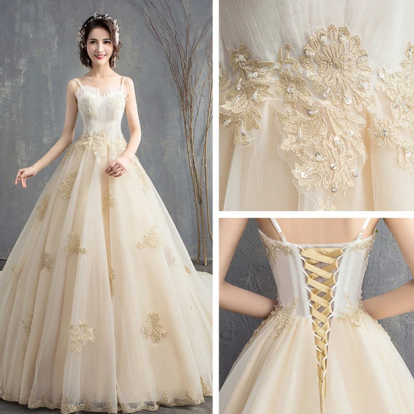 Luxury / Gorgeous Champagne Cathedral Train Wedding 2018 A-Line / Princess Tulle Beading Sequins Appliques Wedding Dresses