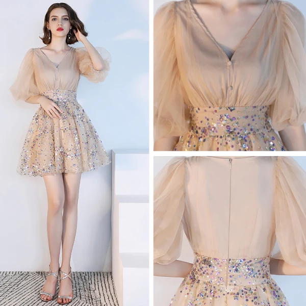 Sparkly Bling Bling Champagne Party Dresses 2018 Tulle V-Neck A-Line / Princess 1/2 Sleeves Beading Sequins Short Cocktail Party Formal Dresses