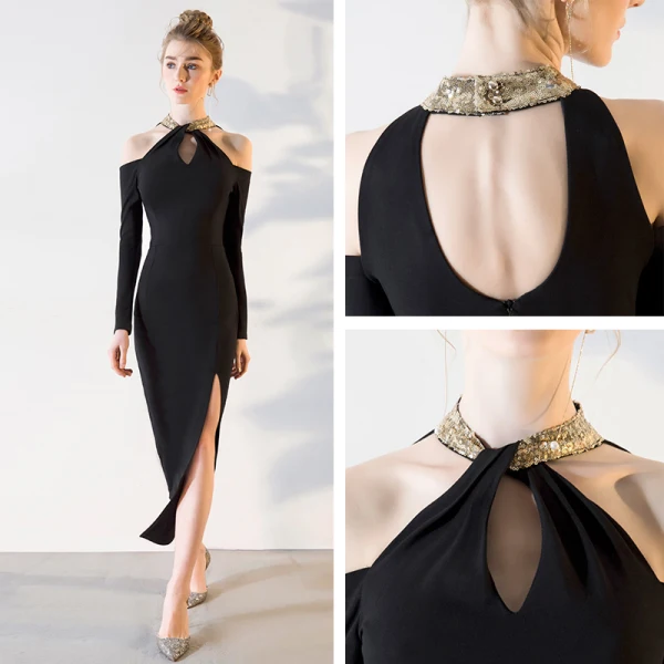 Schlicht Sexy Schwarz Abendkleider 2018 Mermaid Wadenlang Charmeuse Neckholder Rückenfreies Perlenstickerei Pailletten Festliche Kleider