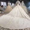 Luksusowe Czarujący Szampan Suknia Balowa Suknie Ślubne 2020 Długie Rękawy Wycięciem Skrzyżowane Pasy Koronki 3D Wykonany Ręcznie Aplikacje Bez Pleców Frezowanie Kryształ Kwiat Rhinestone Cekiny Trenem Katedra Ślub