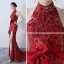 Amazing / Unique Red Evening Dresses  2017 Trumpet / Mermaid High Neck Lace Butterfly Appliques Backless Evening Party Formal Dresses
