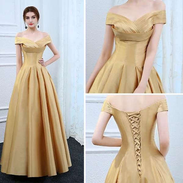 Chic / Beautiful Gold Evening Dresses  2017 A-Line / Princess Off-The-Shoulder Charmeuse Striped Ruffle Evening Party Formal Dresses