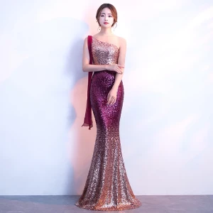 Bling Bling Grape Train De Balayage Robe De Soirée 2018 Trompette Sirène Une Épaule Dos Nu Perlage Paillettes Soirée Robe De Ceremonie