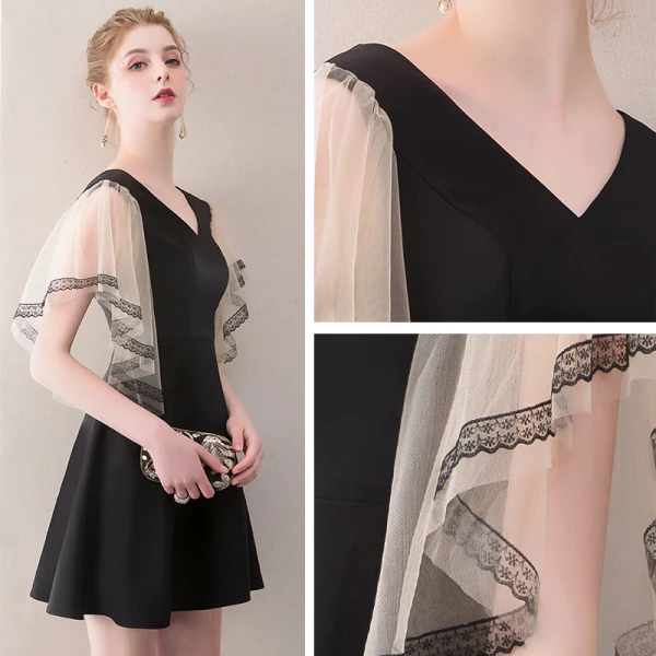 Modern / Fashion Black Short Graduation Dresses 2018 A-Line / Princess V-Neck Charmeuse Lace-up Backless Homecoming Formal Dresses
