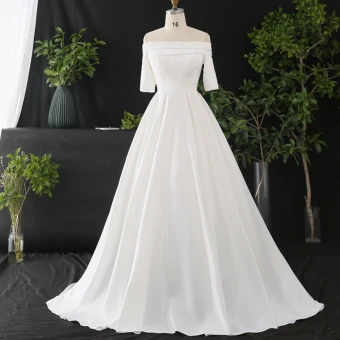 Modest Simple White Plus Size Wedding Dresses 2020 A Line Princess Off The Shoulder Short Sleeve Solid Color Cathedral Train Crossed Straps Handmade Satin Wedding