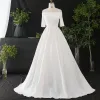 Modest / Simple White Plus Size Wedding Dresses 2020 A-Line / Princess Off-The-Shoulder Short Sleeve Solid Color Cathedral Train Crossed Straps Handmade  Satin Wedding