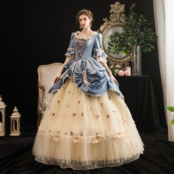 Vintage / Retro Medieval Champagne Ball Gown Prom Dresses 2021 Square Neckline 1/2 Sleeves Floor-Length / Long 3D Lace Handmade Flower Backless Beading Rhinestone Cosplay Prom Formal Dresses