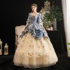 Vintage / Retro Medieval Champagne Ball Gown Prom Dresses 2021 Square Neckline 1/2 Sleeves Floor-Length / Long 3D Lace Handmade  Flower Backless Beading Rhinestone Cosplay Prom Formal Dresses