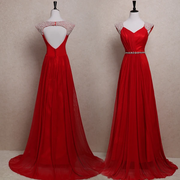 Chic / Beautiful 2017 Red Evening Dresses  V-Neck Striped Backless Pearl A-Line / Princess Formal Dresses