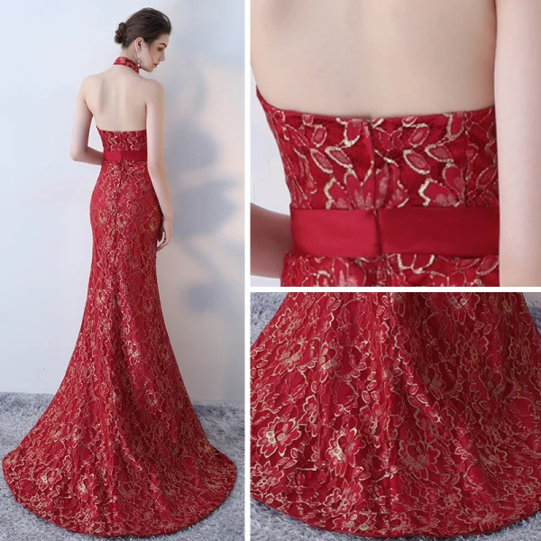 Amazing / Unique Red Evening Dresses 2017 Trumpet / Mermaid High Neck Lace Butterfly Appliques Backless Evening Party Formal Dresses