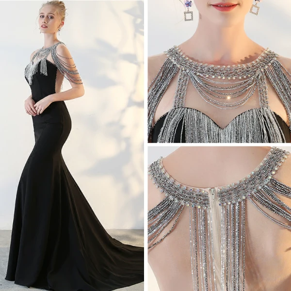 Modern / Fashion Black Evening Dresses 2017 Trumpet / Mermaid U-Neck Backless Beading Rhinestone Evening Party Formal Dresses