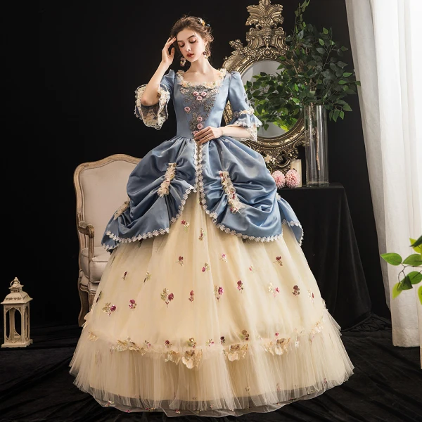 Vintage / Retro Medieval Champagne Ball Gown Prom Dresses 2021 Square Neckline 1/2 Sleeves Floor-Length / Long 3D Lace Handmade Flower Backless Beading Rhinestone Cosplay Prom Formal Dresses