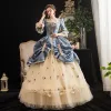 Vintage / Retro Medieval Champagne Ball Gown Prom Dresses 2021 Square Neckline 1/2 Sleeves Floor-Length / Long 3D Lace Handmade  Flower Backless Beading Rhinestone Cosplay Prom Formal Dresses