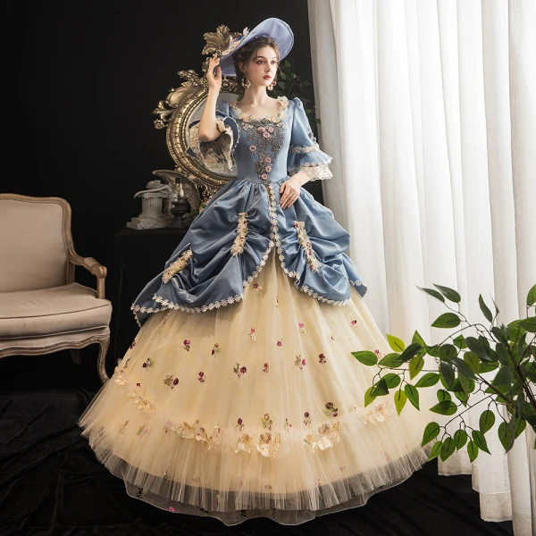 Vintage / Retro Medieval Champagne Ball Gown Prom Dresses 2021 Square Neckline 1/2 Sleeves Floor-Length / Long 3D Lace Handmade Flower Backless Beading Rhinestone Cosplay Prom Formal Dresses