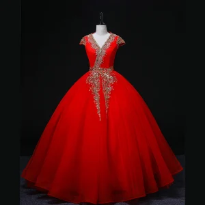 Ethnique Rouge Paillettes Robe De Bal Robe Boule 2022 V Cou Sans Manches Dos Nu Longue Robe De Ceremonie
