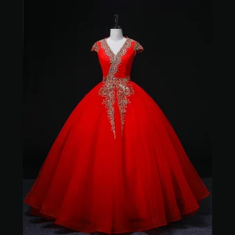 Ethnique Rouge Paillettes Robe De Bal Robe Boule 2022 V Cou Sans Manches Dos Nu Longue Robe De Ceremonie