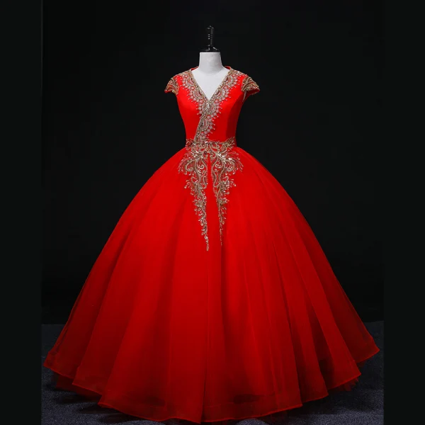 Ethnic Red Sequins Prom Dresses Ball Gown 2022 V-Neck Sleeveless Backless Floor-Length / Long Formal Dresses