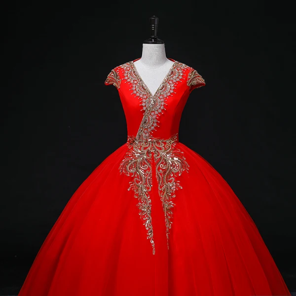 Ethnic Red Sequins Prom Dresses Ball Gown 2022 V-Neck Sleeveless Backless Floor-Length / Long Formal Dresses