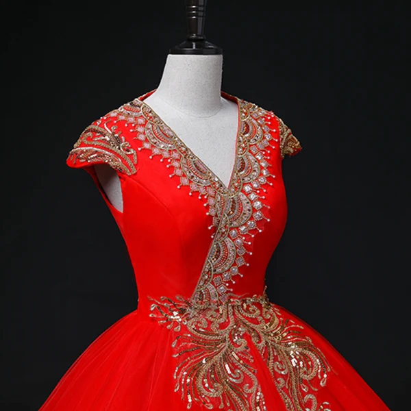 Ethnic Red Sequins Prom Dresses Ball Gown 2022 V-Neck Sleeveless Backless Floor-Length / Long Formal Dresses