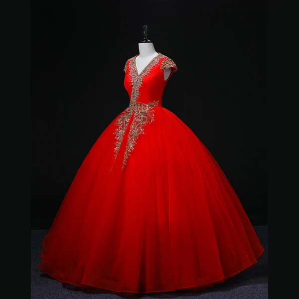 Ethnic Red Sequins Prom Dresses Ball Gown 2022 V-Neck Sleeveless Backless Floor-Length / Long Formal Dresses