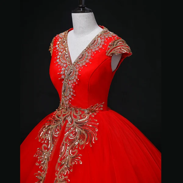 Ethnic Red Sequins Prom Dresses Ball Gown 2022 V-Neck Sleeveless Backless Floor-Length / Long Formal Dresses