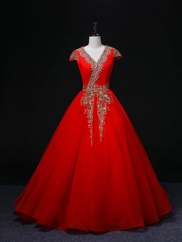 Ethnic Red Sequins Prom Dresses Ball Gown 2022 V-Neck Sleeveless Backless Floor-Length / Long Formal Dresses