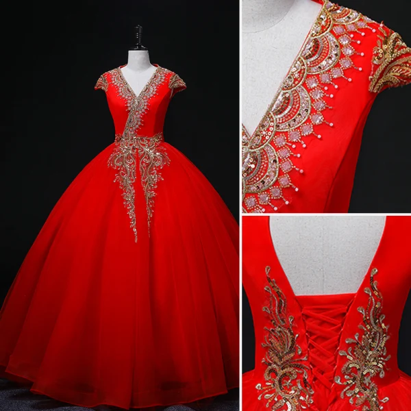 Ethnic Red Sequins Prom Dresses Ball Gown 2022 V-Neck Sleeveless Backless Floor-Length / Long Formal Dresses