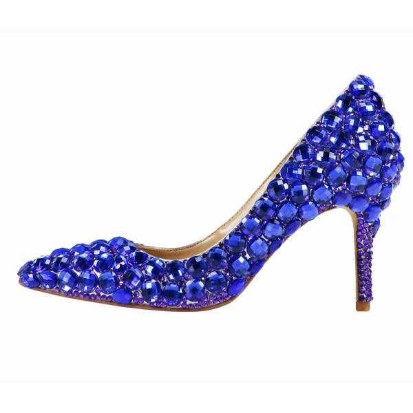Chic / Beautiful Royal Blue Cocktail Party Rhinestone Pumps 2022 Leather 8 cm Stiletto Heels High Heels Pointed Toe Pumps