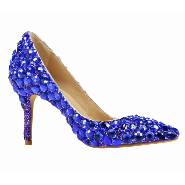 Chic / Beautiful Royal Blue Cocktail Party Rhinestone Pumps 2022 Leather 8 cm Stiletto Heels High Heels Pointed Toe Pumps
