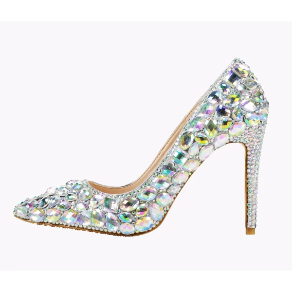 Glittrande Multi-Färger Rhinestone Afton Pumps 2022 Läder 10 cm Stilettklackar Spetsiga Pumps Högklackade