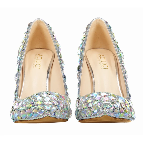 Glittrande Multi-Färger Rhinestone Afton Pumps 2022 Läder 10 cm Stilettklackar Spetsiga Pumps Högklackade