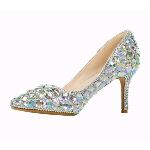 Snygga Fina Multi Färger Afton Rhinestone Pumps 2022 Läder 8 Cm Stilettklackar Spetsiga Pumps Högklackade