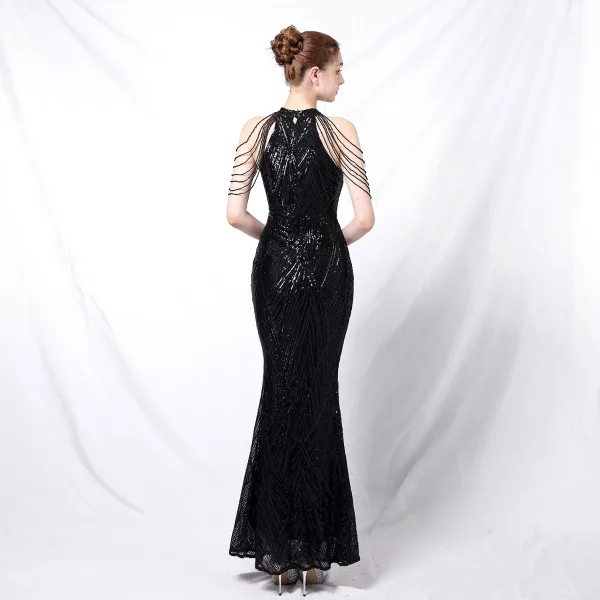 Charming Black Sequins Evening Dresses 2022 Trumpet / Mermaid Scoop Neck Beading Tassel Sleeveless Floor-Length / Long Evening Party Formal Dresses