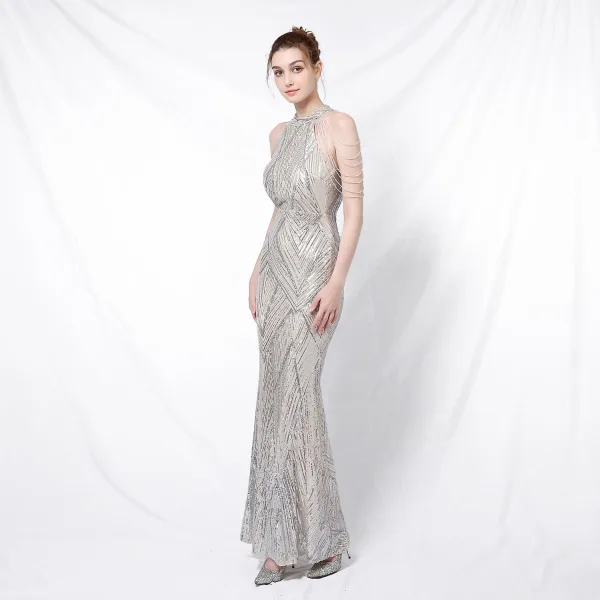 Charming Black Sequins Evening Dresses 2022 Trumpet / Mermaid Scoop Neck Beading Tassel Sleeveless Floor-Length / Long Evening Party Formal Dresses