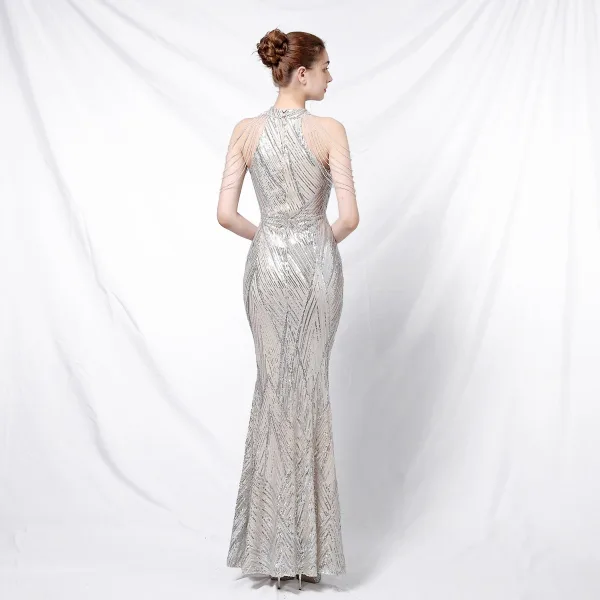 Charming Black Sequins Evening Dresses 2022 Trumpet / Mermaid Scoop Neck Beading Tassel Sleeveless Floor-Length / Long Evening Party Formal Dresses