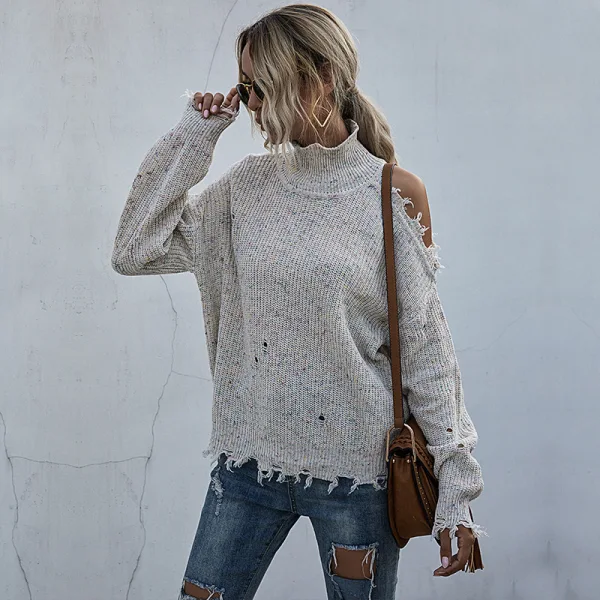 Ripped Black Knitting Women Sweaters 2021 High Neck Loose Cotton Casual Fall Winter Long Sleeve Street Wear Tops
