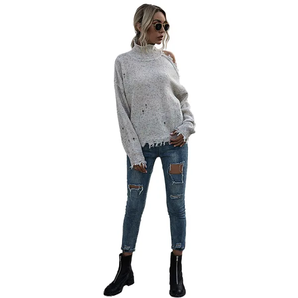 Ripped Black Knitting Women Sweaters 2021 High Neck Loose Cotton Casual Fall Winter Long Sleeve Street Wear Tops